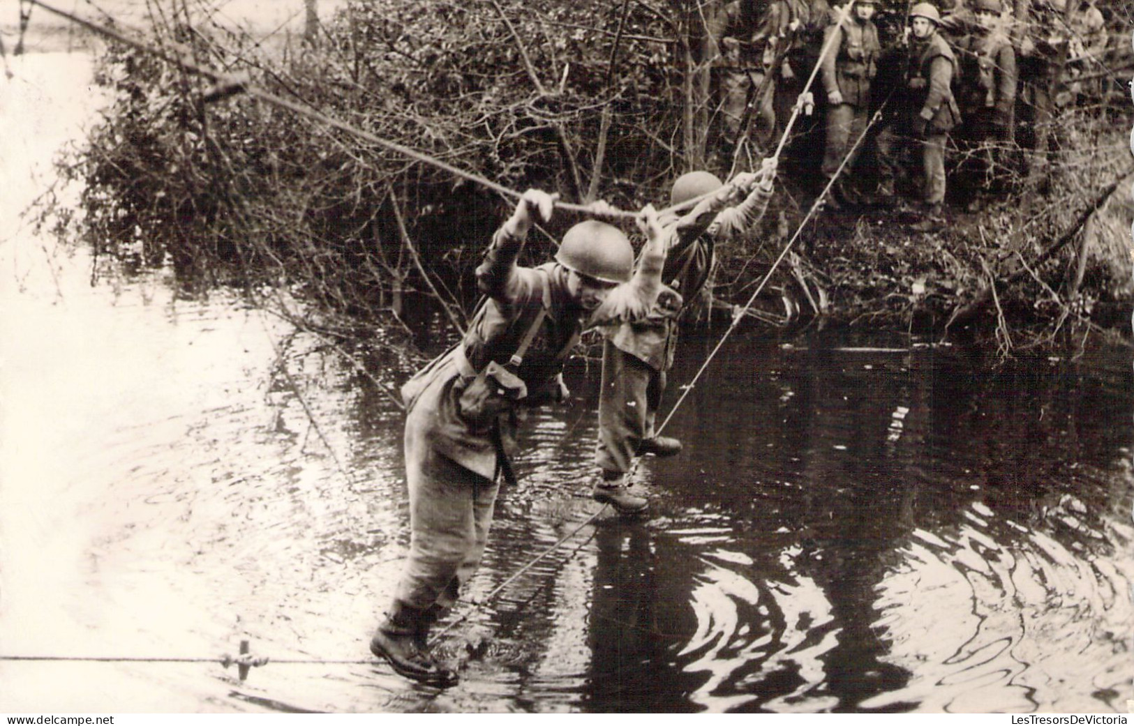 MILITARIA - Armée Belge - Traversée D'une Rivière Entre 2 Cordes Tendues - Carte Postale Ancienne - Manöver