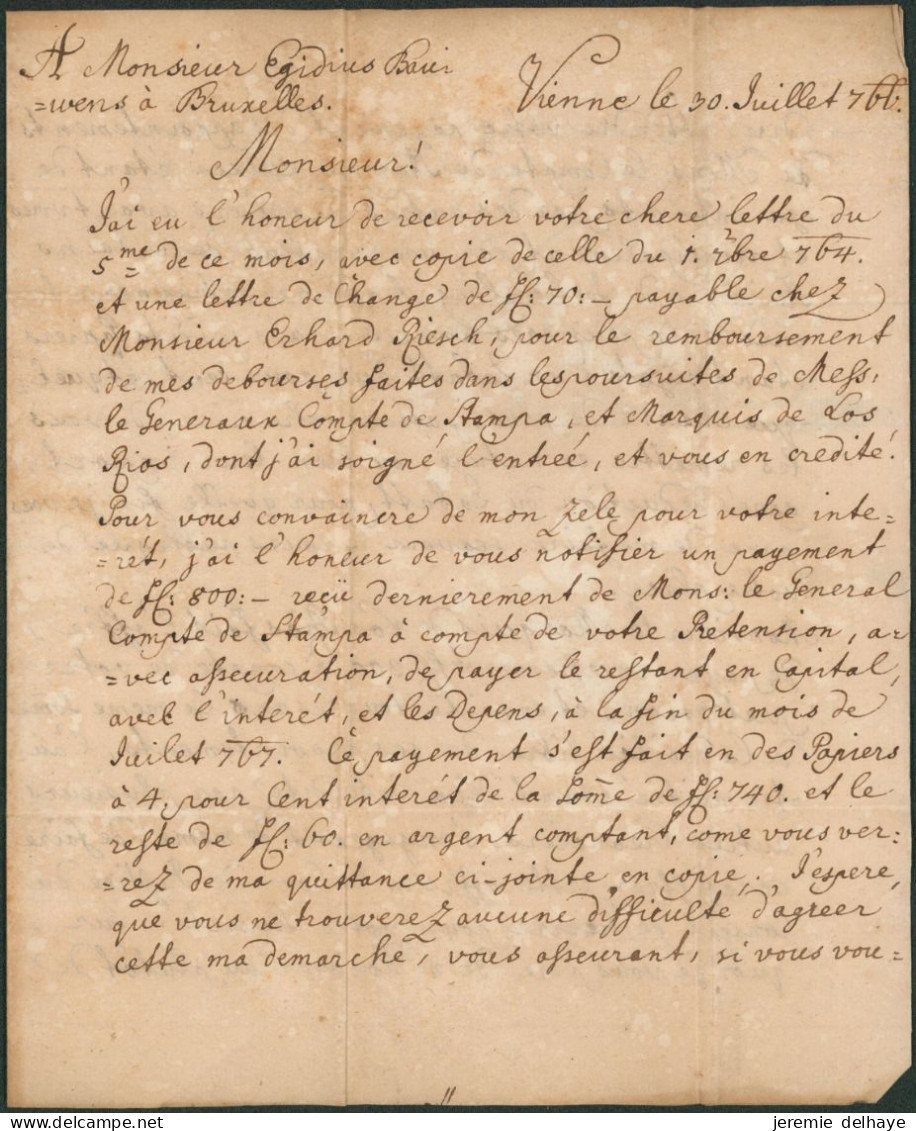 Précurseur - L. Datée De Vienne 30/7/1766 Port 6 Kreutzer > Bruxelles / Lettre Simple, Port 11 Sols. Port Rectifié - ...-1850 Prefilatelia