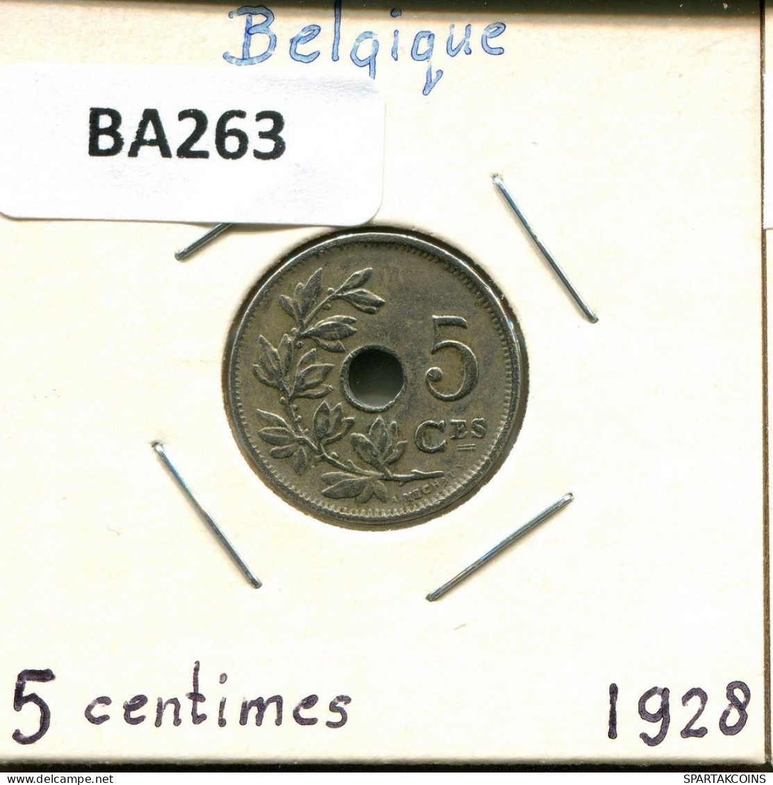 5 CENTIMES 1928 FRENCH Text BELGIQUE BELGIUM Pièce #BA263.F - 5 Centimes