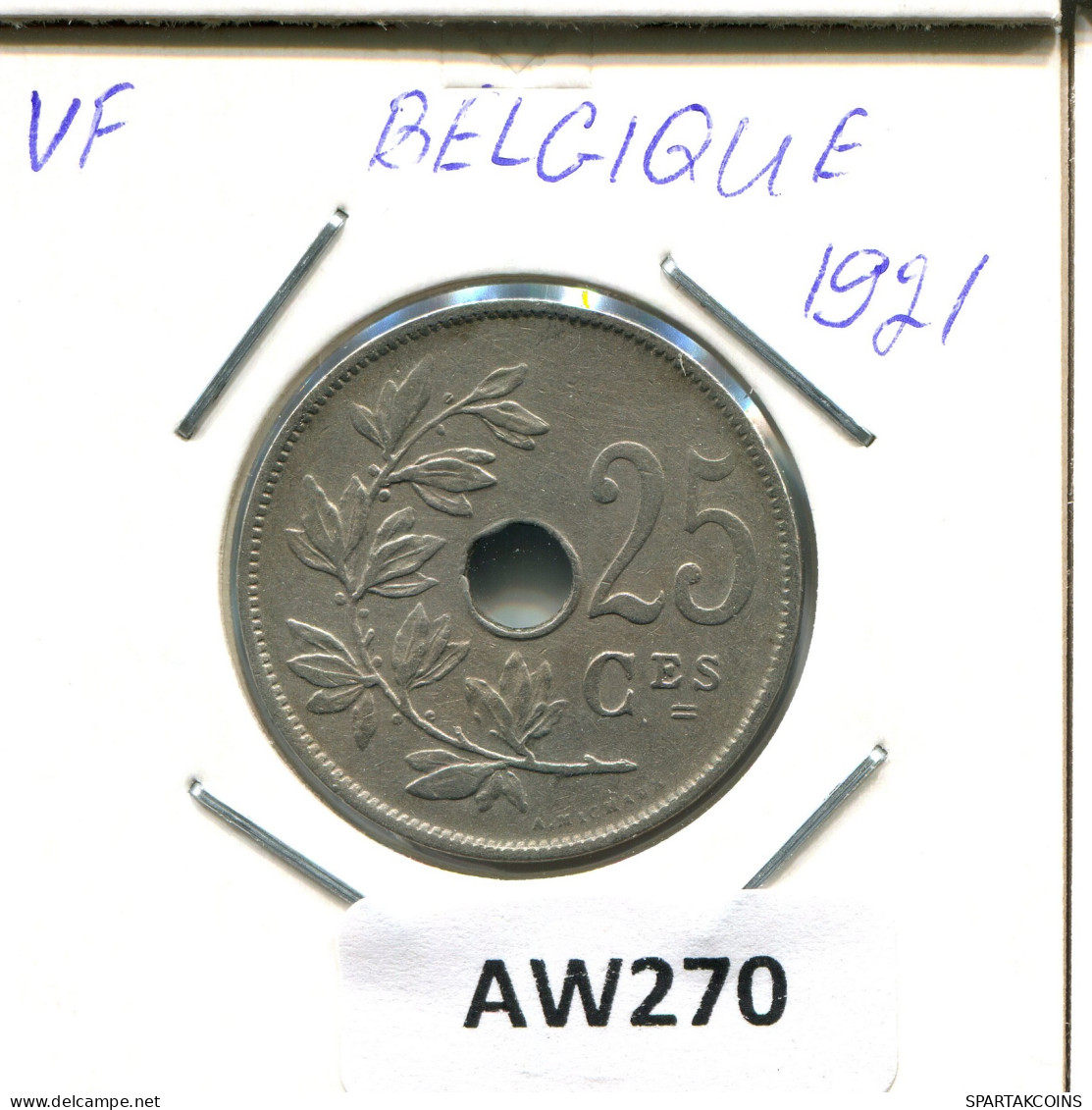 25 CENTIMES 1921 FRENCH Text BELGIUM Coin #AW270.U - 25 Cent