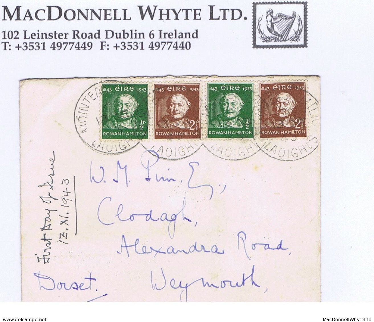 Ireland 1942 Hamilton Quaternions Two Sets On First Day Cover, Neat Mountmellick Cds MOINTEACH MILIC 13 XI 42 - FDC