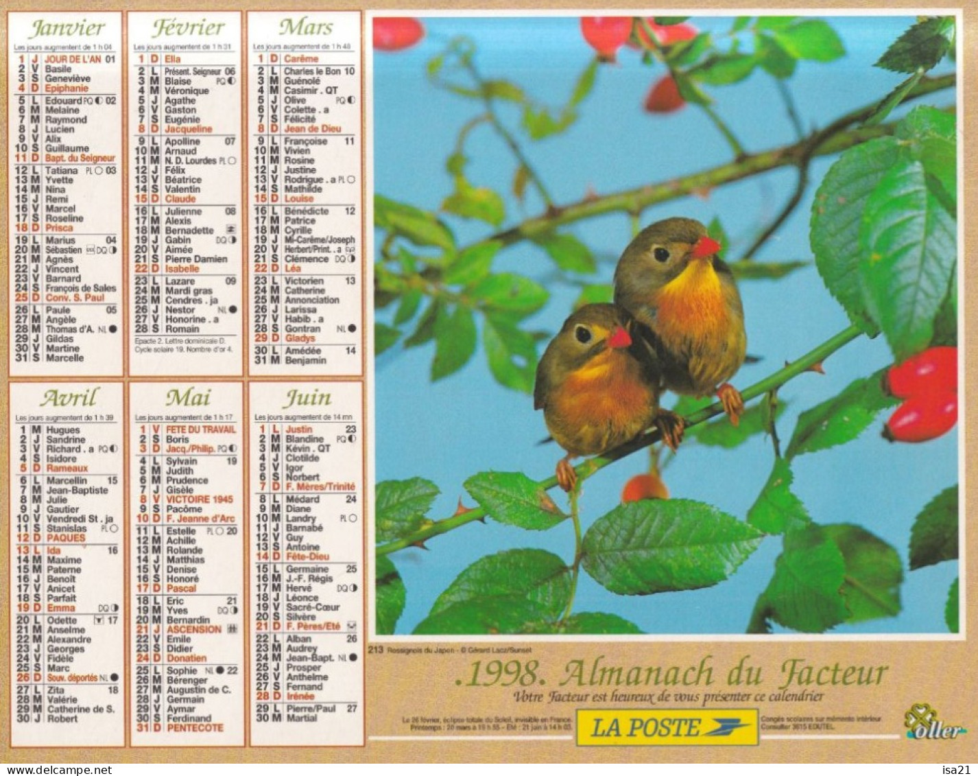 Almanach Du Facteur, Calendrier De La Poste, 1998: JURA: Rossignols Du Japon, Canaris. - Big : 1991-00