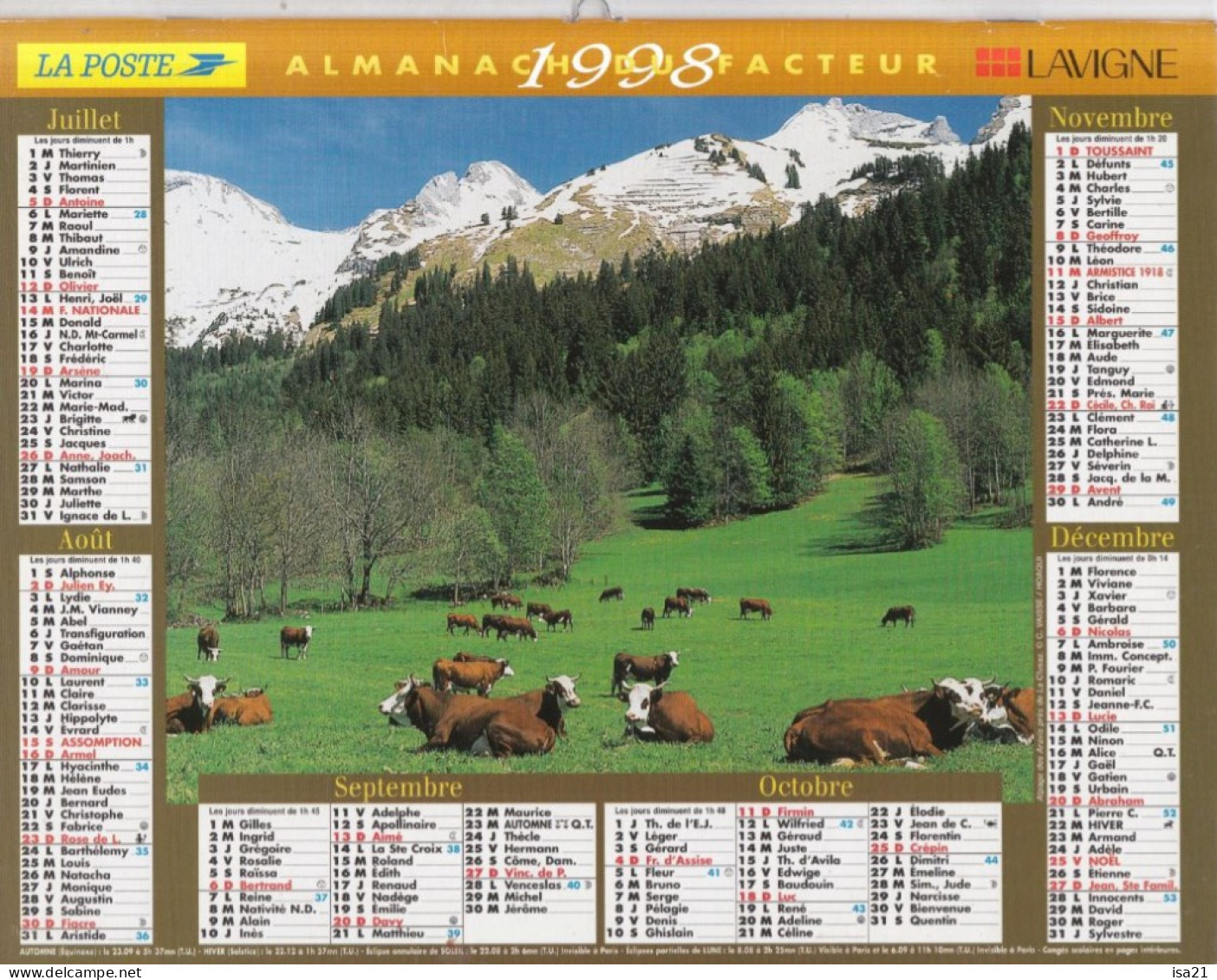 Almanach Du Facteur, Calendrier De La Poste, 1998: JURA: Chalet Fleuri, Alpage Des Aravis Près De La Clusaz. - Grossformat : 1991-00
