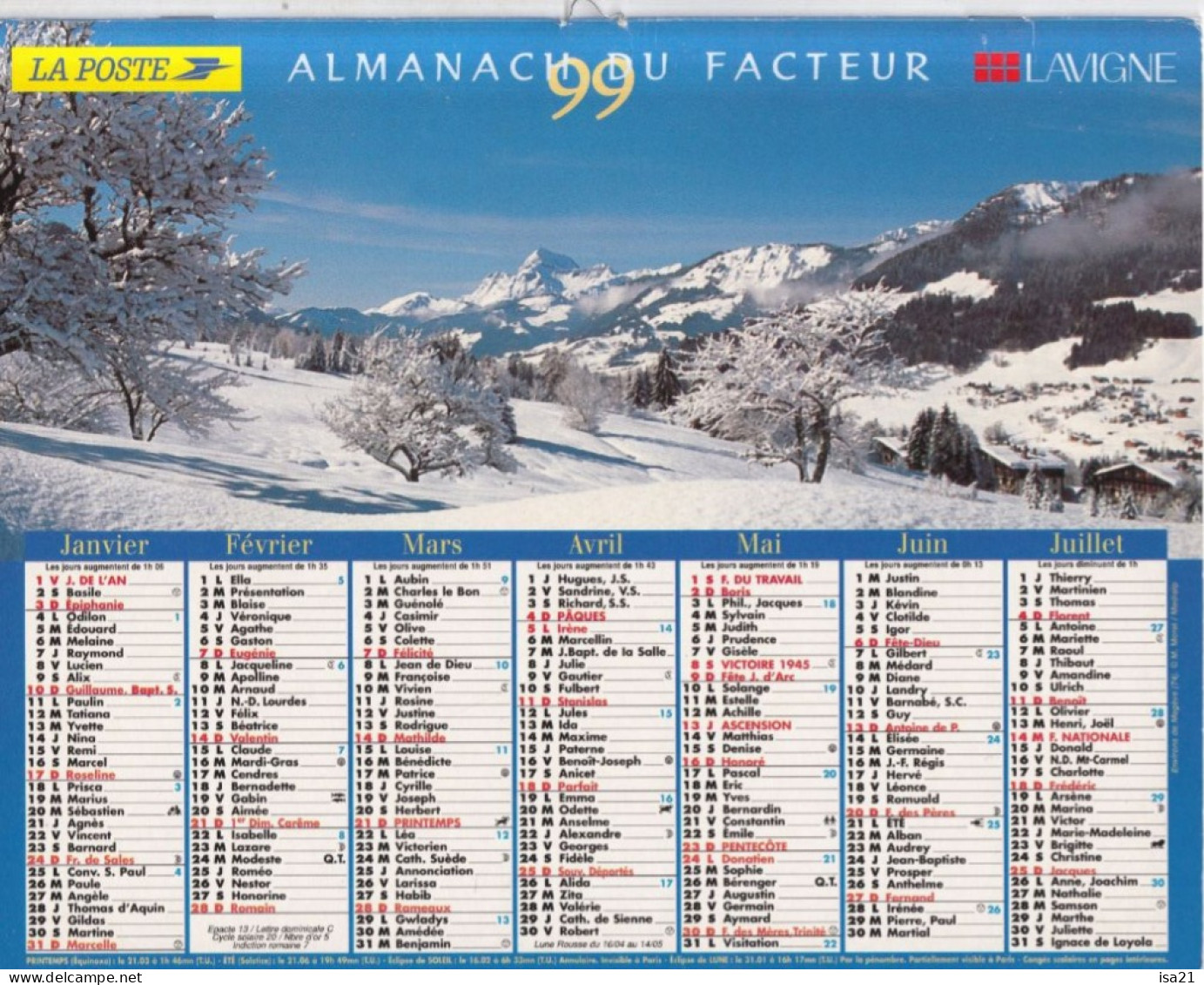 Almanach Du Facteur, Calendrier De La Poste, 1999: JURA: Environs De Megève (74), Anémones Et Aiguilles D'Arve (73). - Big : 1991-00