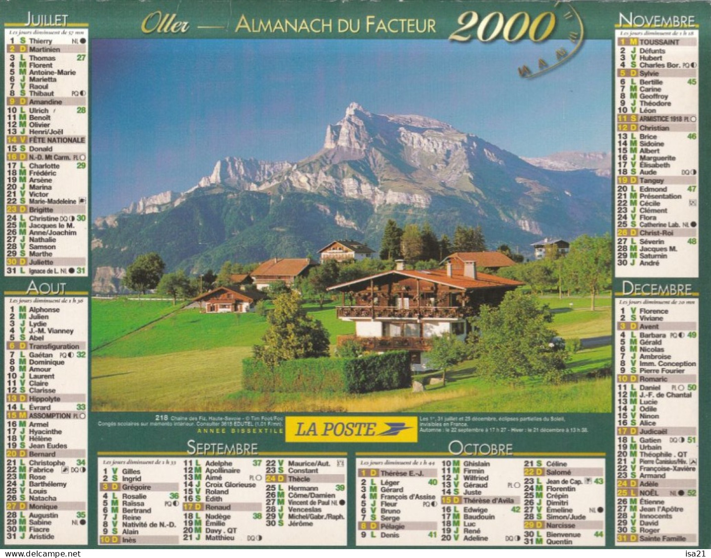 Almanach Du Facteur, Calendrier De La Poste, 2000: JURA: Courchevel (73), Chaîne Des Fiz (74). - Grossformat : 1991-00