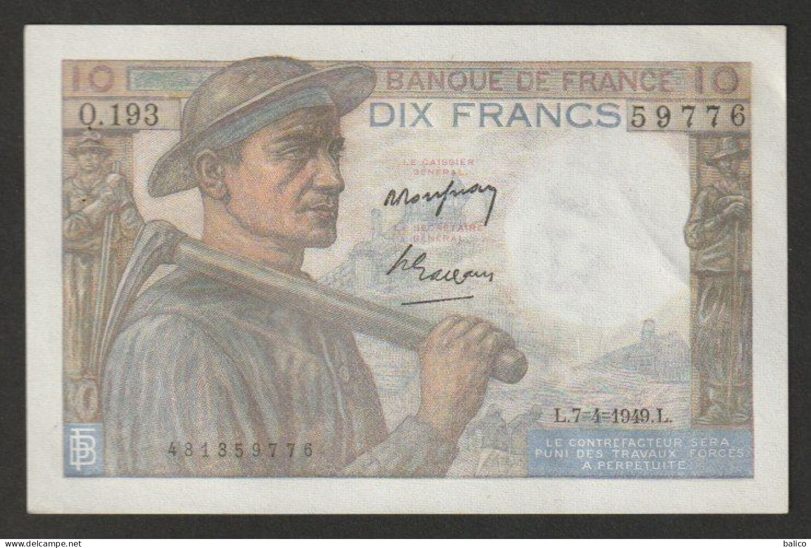France Billet De 10 Francs    Mineur  7-4-1949 - N° 0.193 - 59776 (Très Bon état) - 10 F 1941-1949 ''Mineur''