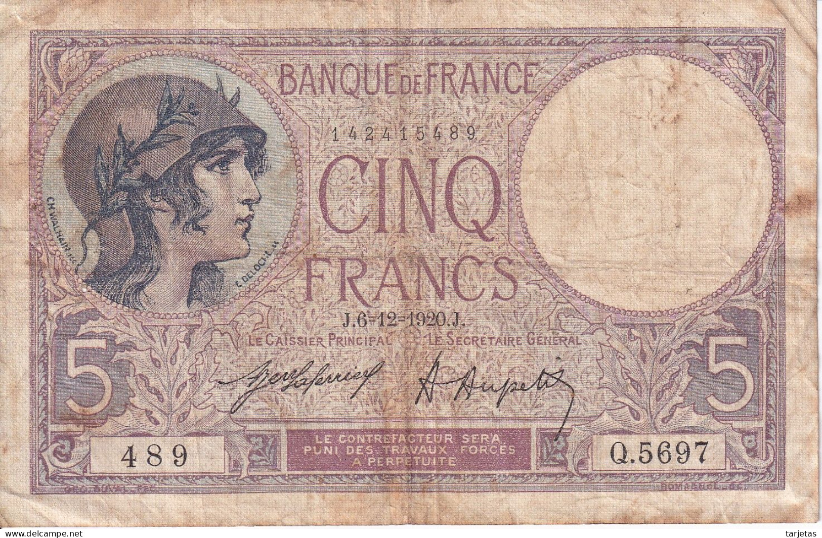 BILLETE DE FRANCIA DE 5 FRANCS DEL 6-12-1920 VIOLET  (BANKNOTE) - 5 F 1917-1940 ''Violet''