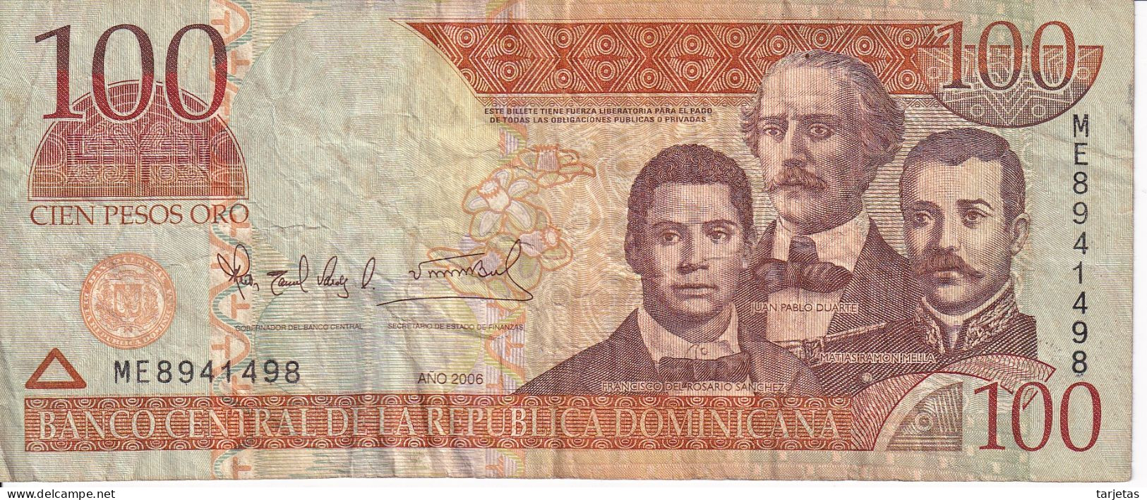 ¡CAPICUA! BILLETE DE REP. DOMINICANA DE 100 PESOS ORO DEL AÑO 2006 Nº 8941498 (BANKNOTE) - Dominicaine