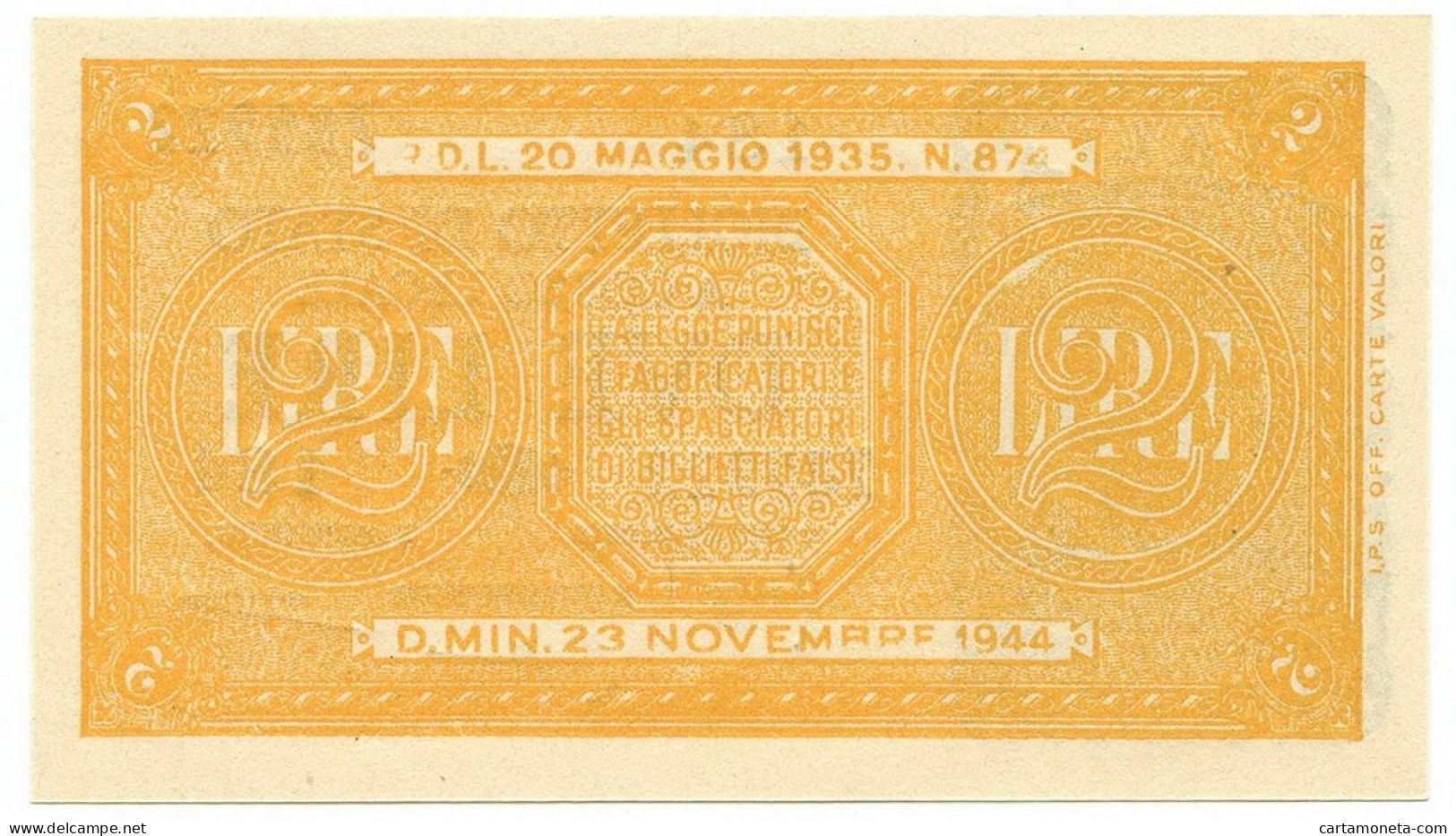 2 LIRE BIGLIETTO DI STATO LUOGOTENENZA UMBERTO VENTURA 23/11/1944 FDS - Sonstige