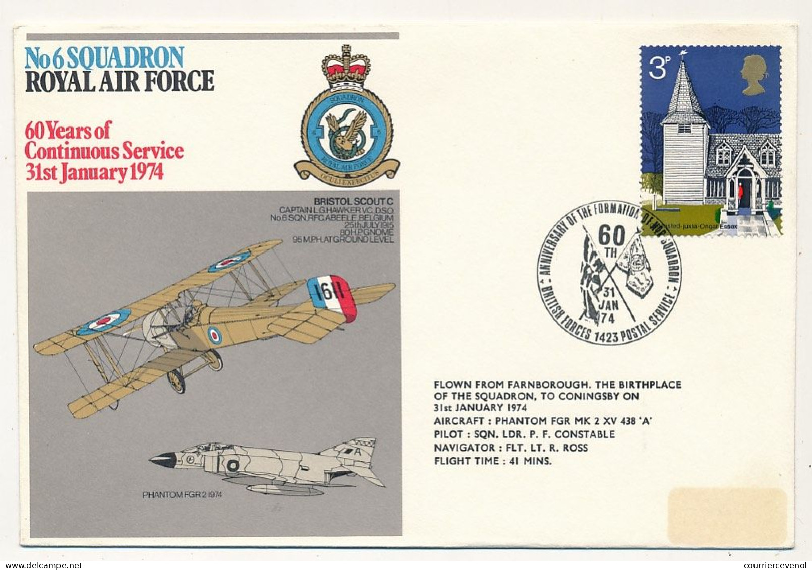 GRANDE BRETAGNE - Env. 6eme Squadron Royal Air Force - 60 Ans Services Continus - British Forces Postal Serv. -31/1/1974 - Covers & Documents