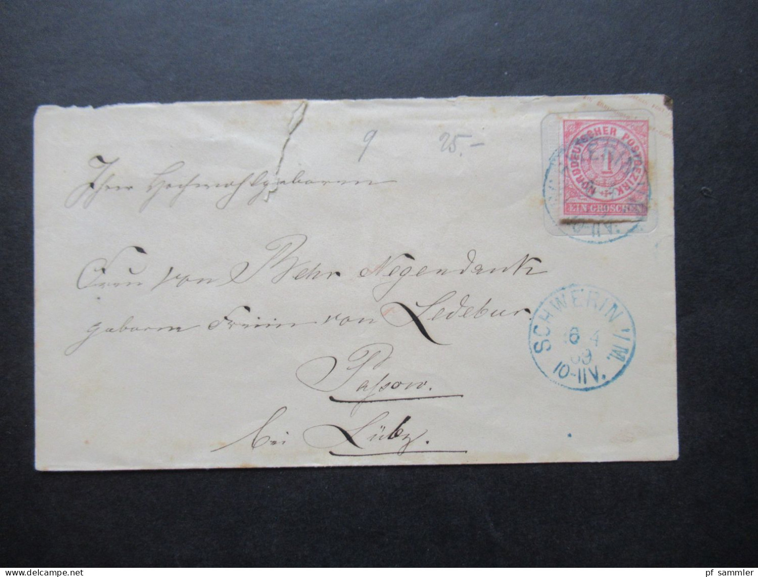 AD NDP 1869 GA Umschlag 1 Groschen Auf Umschlag Von Mecklenburg-Strelitz U 9 A Blauer Stempel K1 Schwerin I/M - Postal  Stationery