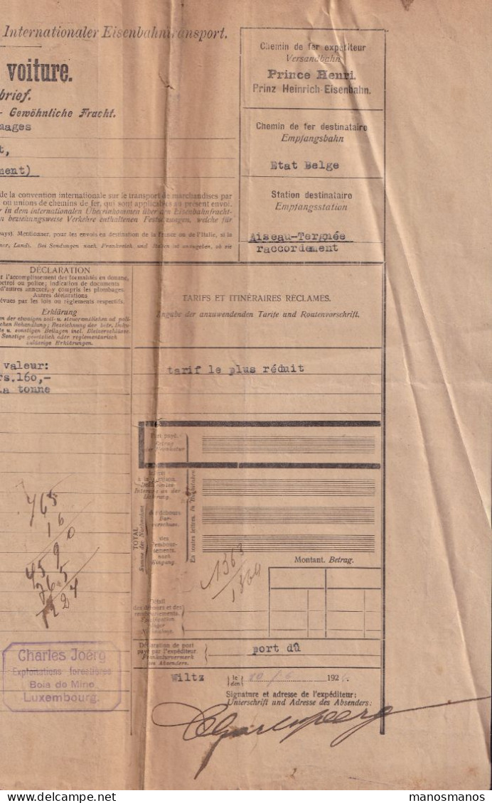 DDEE 193 - Lettre De Voiture WILTZ 1926 - Timbres Fiscaux + Chemin De Fer Prince Henri + Cachet De SCHIMPACH Verso - Fiscale Zegels