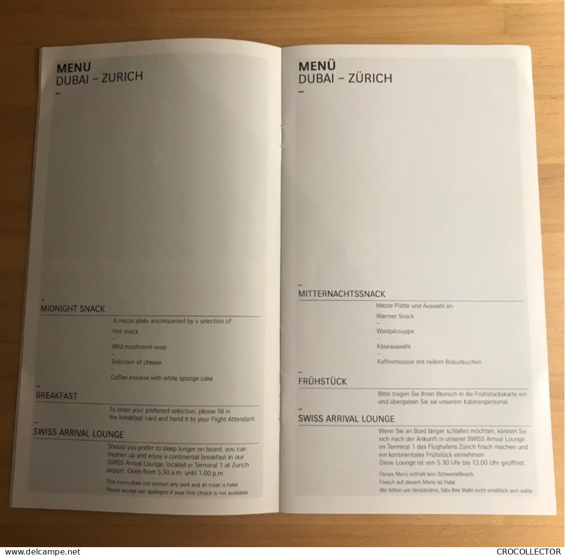 SWISS Business Menu - Dubai To Zurich - Menu