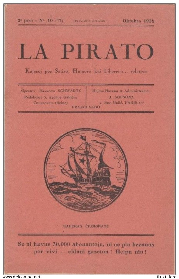 Magazine La Pirato In Esperanto From October 1934 - Revuo La Pirato De Oktobro 1934 - BD & Mangas (autres Langues)