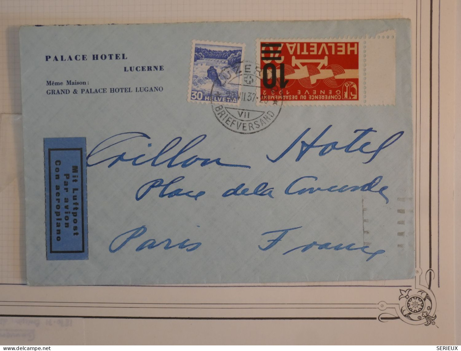 BS1 SUISSE  BELLE  LETTRE  1936 PALACE HOTEL LUCERNE + COLLECTION HOTEL DU CRILLON PARIS  +AFF. PLAISANT+ - Other & Unclassified