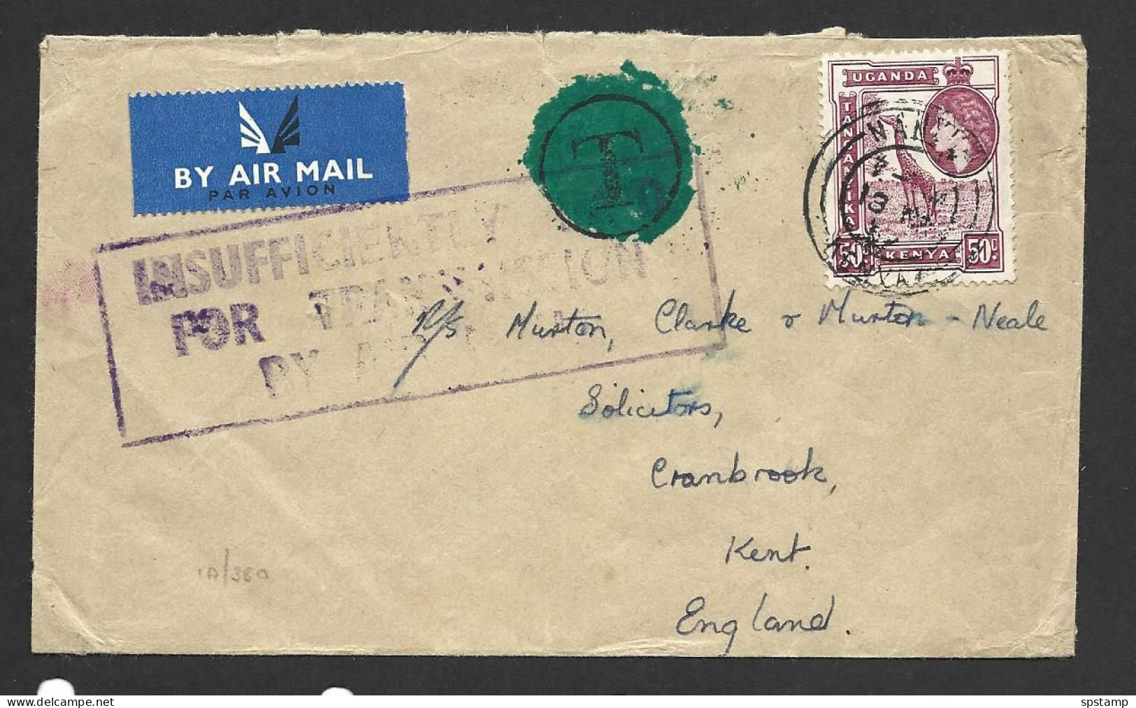 Kenya Uganda & Tanganyika 1950 ' S Cover To Kent UK , Underpaid , With Tax Sticker In Green And Purple Cachet - Kenya & Ouganda