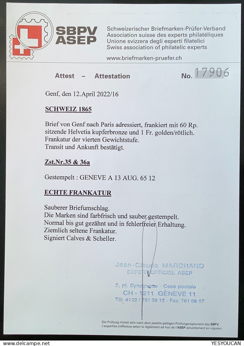 GENEVE 1865 Seltener Brief>PARIS France ZNr 35+ GUTE 36a 1862 Sitzende Helvetia, Attest Marchand (Schweiz Suisse Lettre - Lettres & Documents
