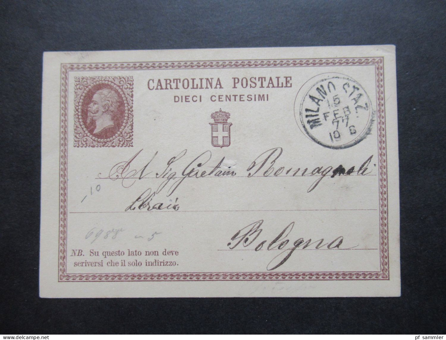 Italien 1877 Ganzsache P1 Stempel Milano Staz. Nach Bologna - Postwaardestukken