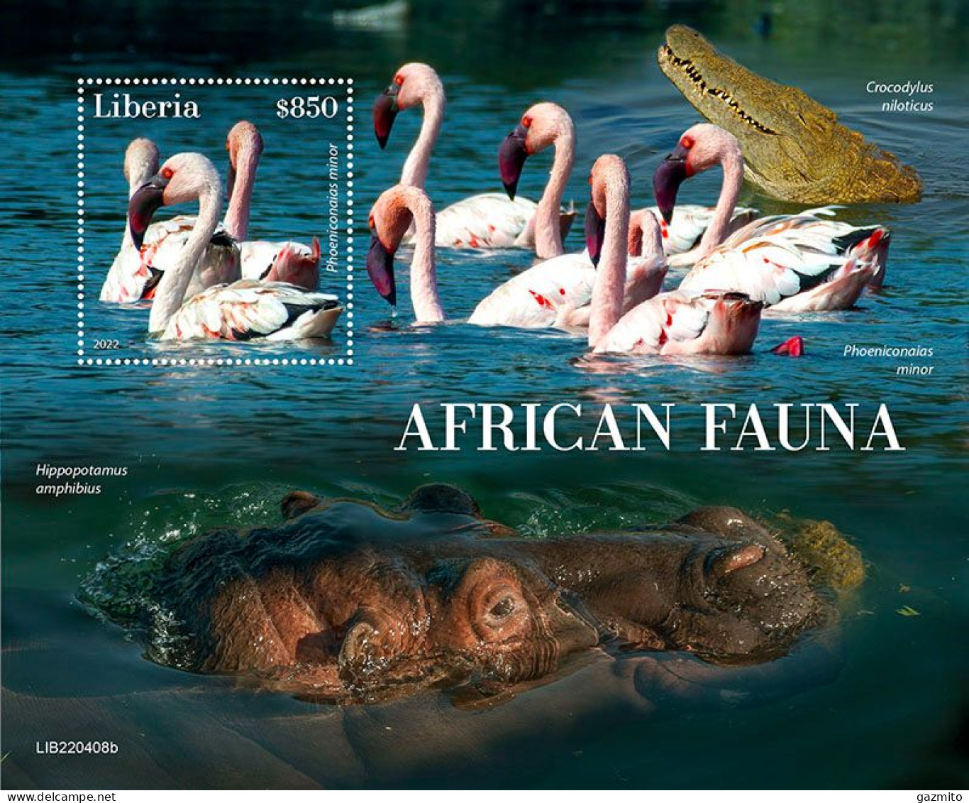 Liberia 2022, Animals, Flamingoes, Hippoes, BF - Flamants
