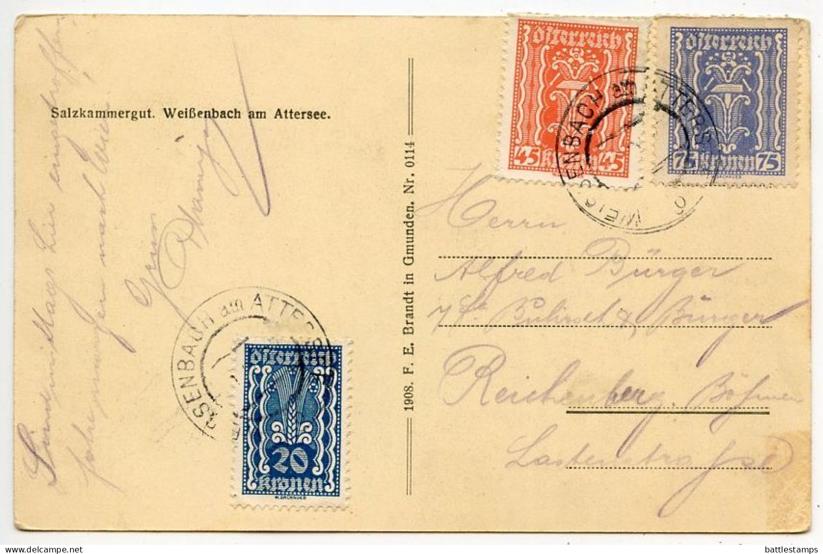 Austria 1920's Postcard - Salzkammergut, Weißenbach Am Attersee; 20k, 45k & 75k Agriculture & Labor And Industry Stamps - Attersee-Orte