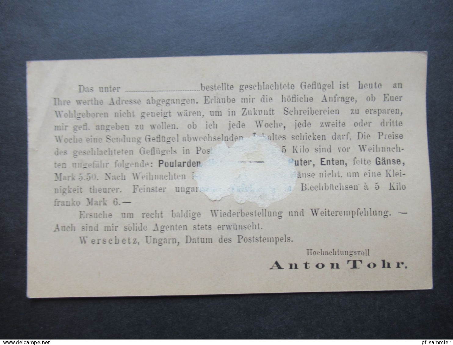 Ungarn Um 1890 Ganzsache / Rückseite Bedruckt Inhalt Geschlachtetes Geflügel Werschetz Ungarn Anton Tohr - Ganzsachen