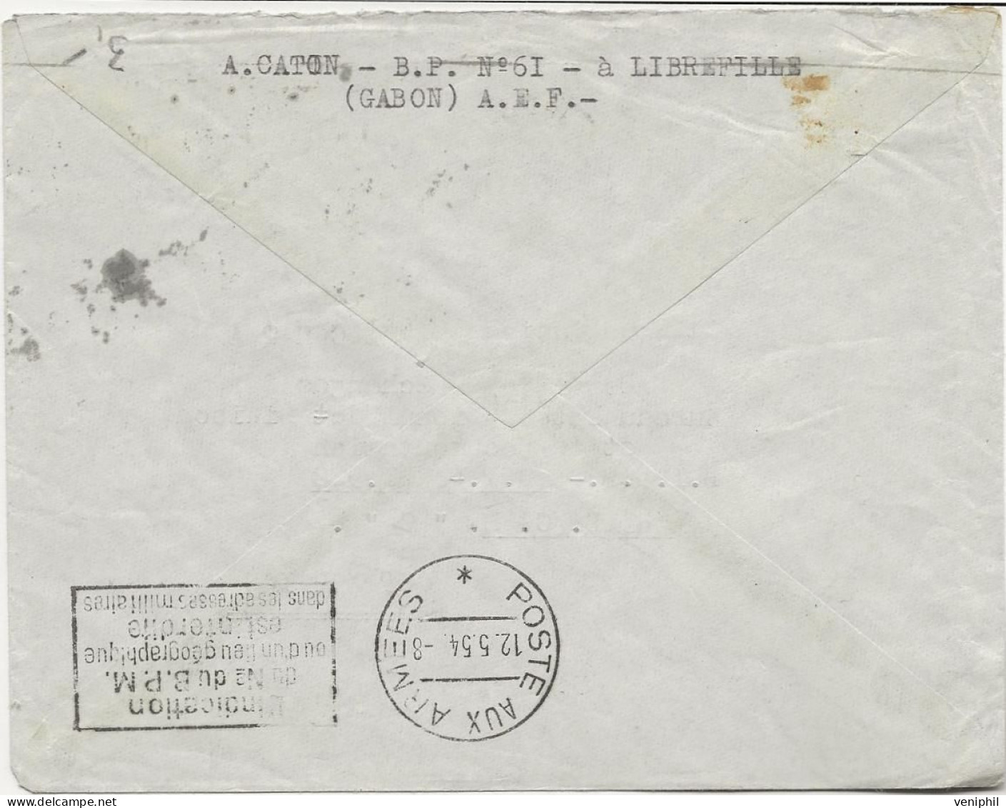 A.E.F. LETTRE AFFRANCHIE POSTE AERIENNE N° 55 -CAD LIBREVILLE 1954 - AU DOS CAD POSTE AUX ARMEES  1954 - Covers & Documents