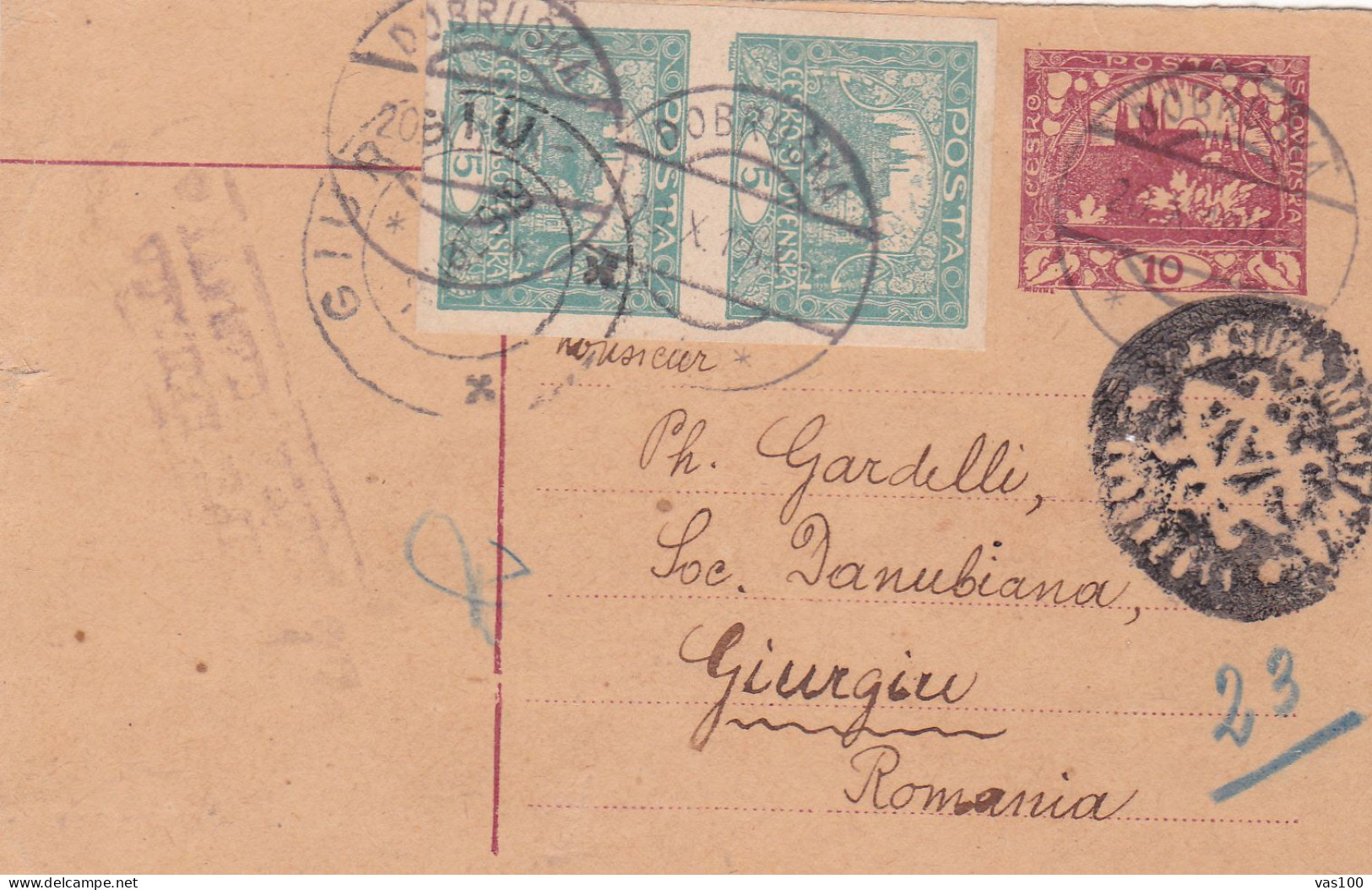 1919, WWII Military Censored CENSOR ,POSTCARD STATIONERY, SLOVACIA TO GIURGIU - World War 1 Letters