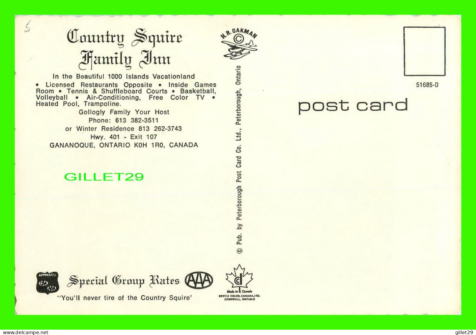 GANANOQUE, ONTARIO - COUNTRY SQUIRE FAMILY INN - PUB. BY PETERBOROUGH POST CARD CO LTD - - Gananoque