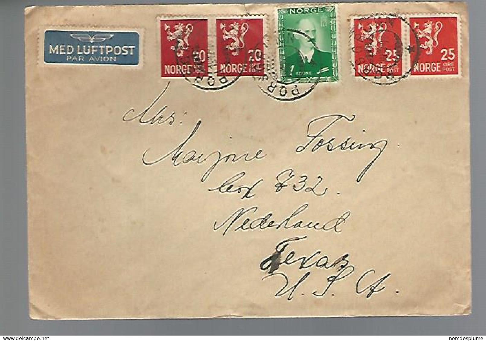 58036)  Norway Air Mail  Postmark Cancel 1946 To US - Briefe U. Dokumente