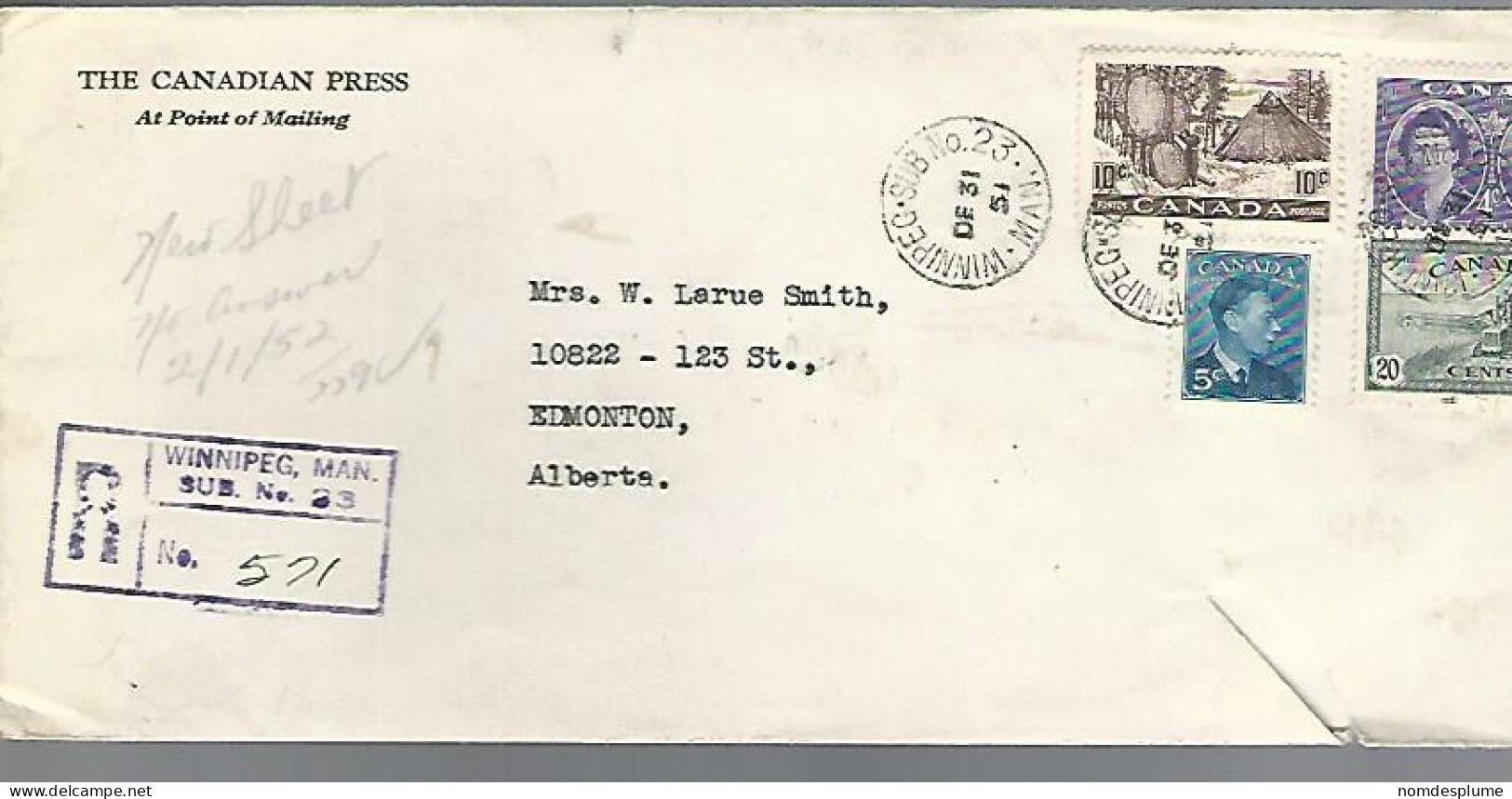 58048)  Canada Registered Winnipeg Sub No 23  Postmark Cancel 1951 Tear On Front - Aangetekend