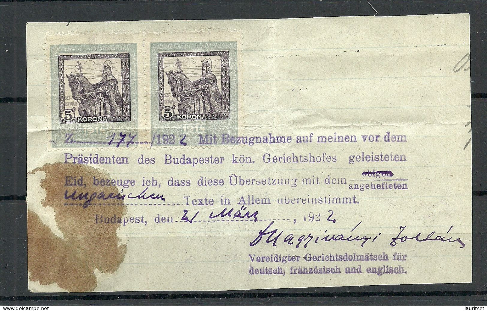 HUNGARY O 1922, 2 Revenue Stamps From Year 1914, Used On Document Piece - Fiscaux