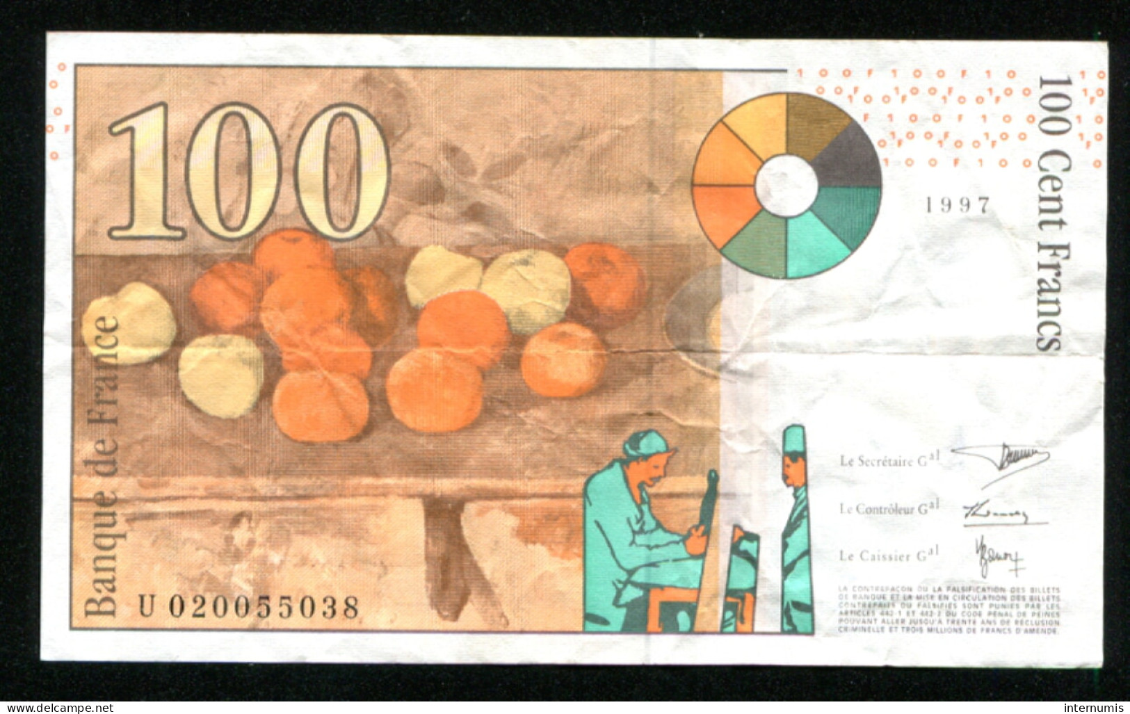 France, 100 Francs, Paul Cézanne, 1997, N° : U020055038, TTB (VF), Pick#158a, F.74.01 - 100 F 1997-1998 ''Cézanne''
