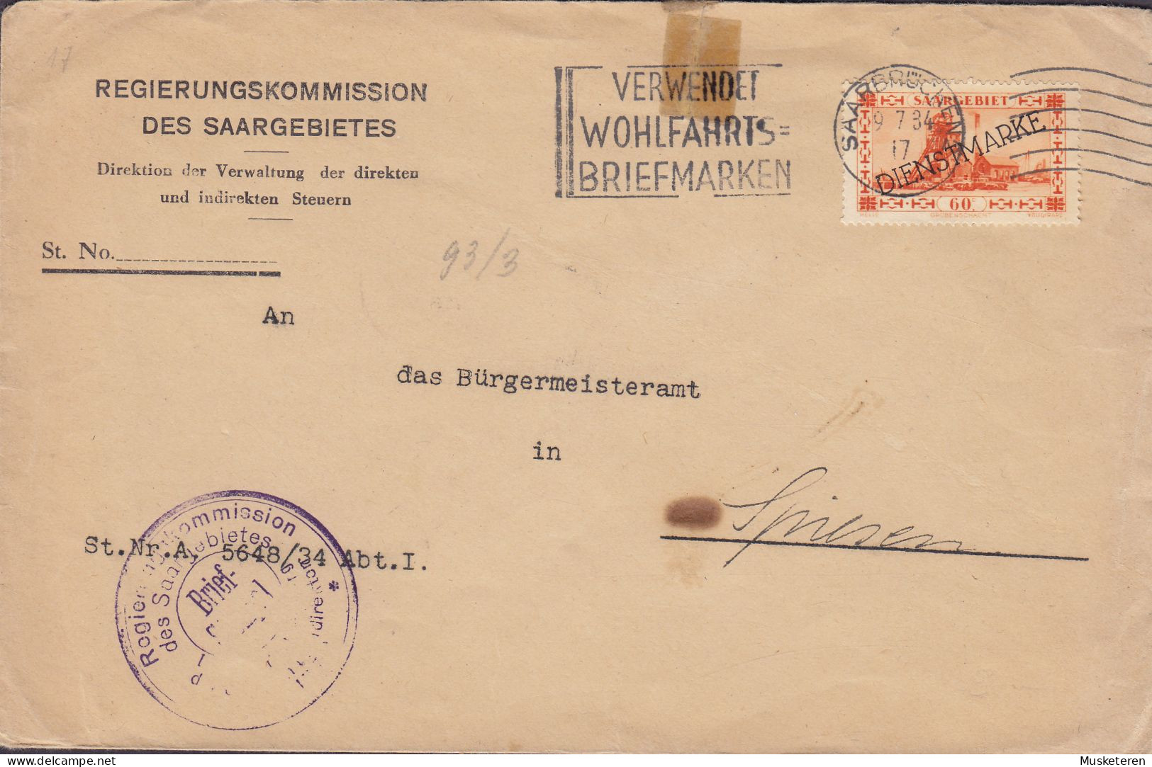 REGIERUNGSKOMMISSION Des Saargebietes SAARBRÜCKEN 1934 Cover Brief SPIESEN 60c. Dienstmarke - Dienstmarken