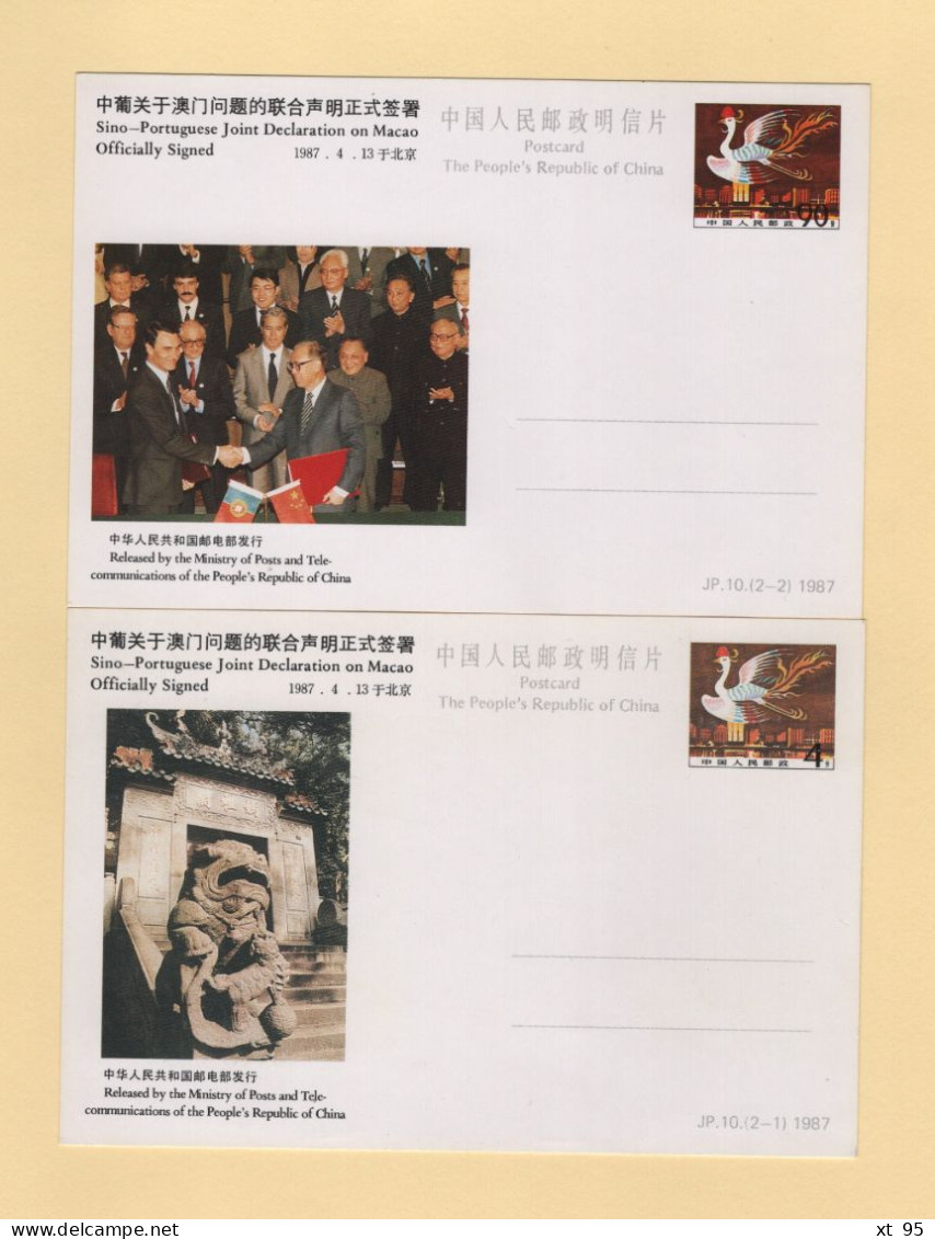 Chine - 2 Entiers Postaux Neufs - JP10 (2-1 Et 2-2) - Sino Portuguese Joint Declaration On Macao Officially Signed - Postales