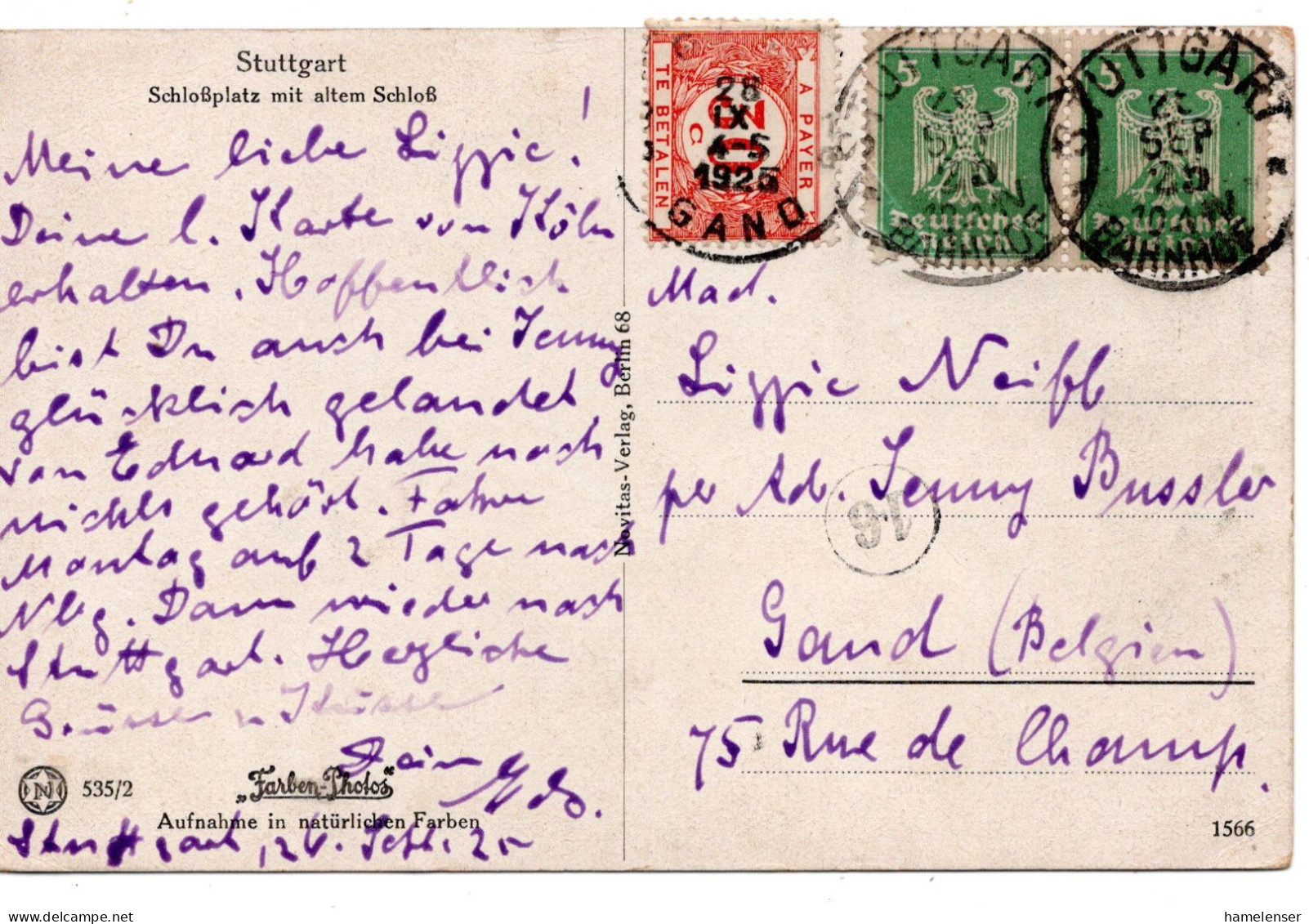 65980 - Deutsches Reich - 1925 - 2@5Pfg Adler A AnsKte STUTTGART -> GENT (Belgien), M 30c Nachporto, Teils Kl Mgl - Timbres