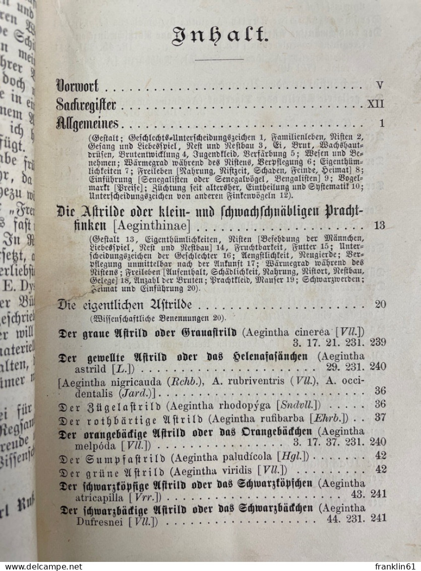 Die Prachtfinken, Ihre Naturgeschichte, Pflege Und Zucht. - Animaux