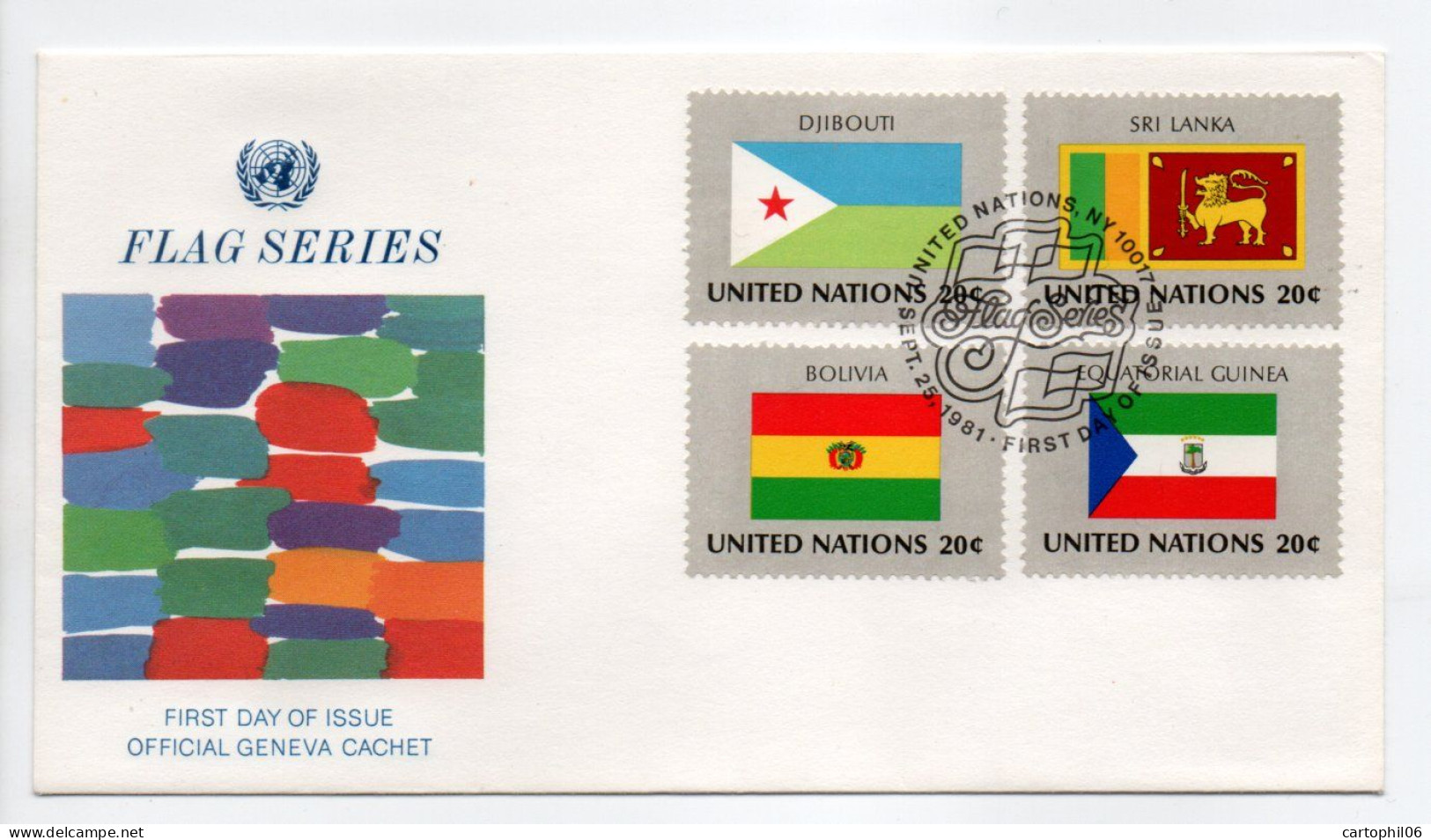 - FDC UNITED NATIONS 25.9.1981 - DRAPEAUX / FLAG DJIBOUTI / SRI LANKA / BOLIVIA / EQUATORIAL GUINEA - - Briefe