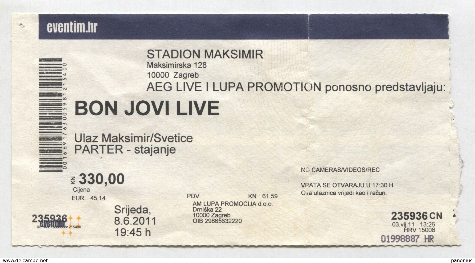 BON JOVI - Rock Band, Concert Zagreb Croatia, Ticket Billet - Konzertkarten