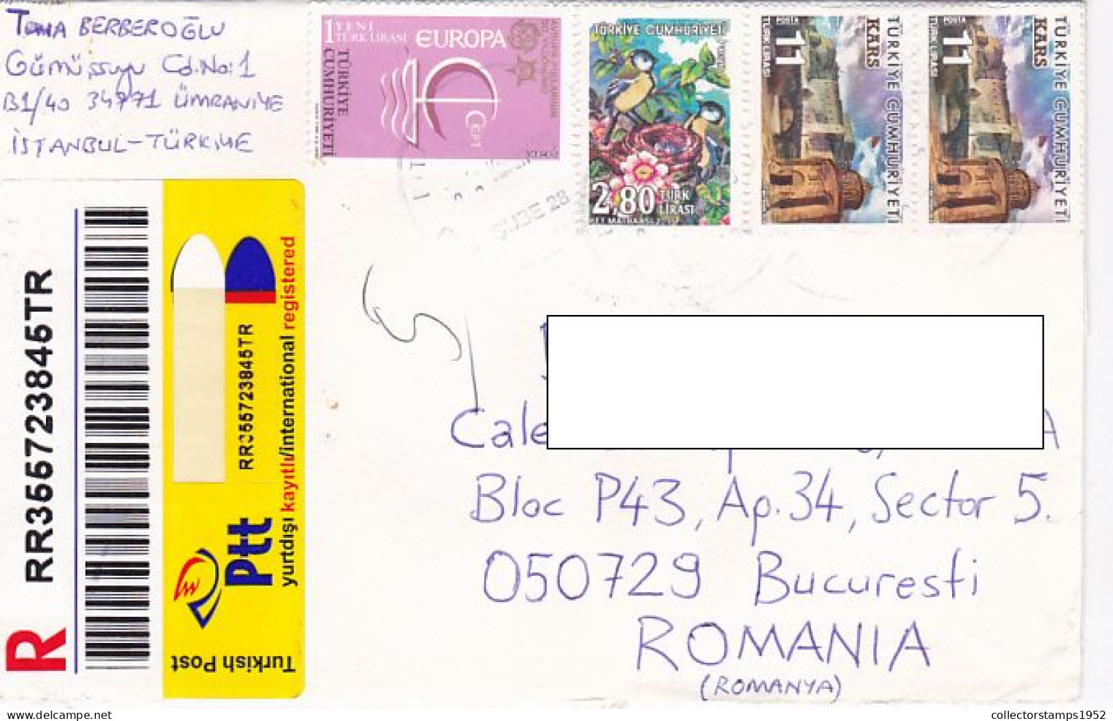 EUROPA CEPT, BIRDS, ARCHITECTURE, FINE STAMPS ON REGISTERED COVER, 2020, TURKEY - Brieven En Documenten