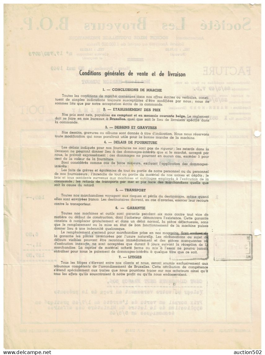 Facture 1949 Haren-Bruxelles Société Les Broyeurs Outillage Pneumatique > Chimay + TP Fiscaux - Artigianato