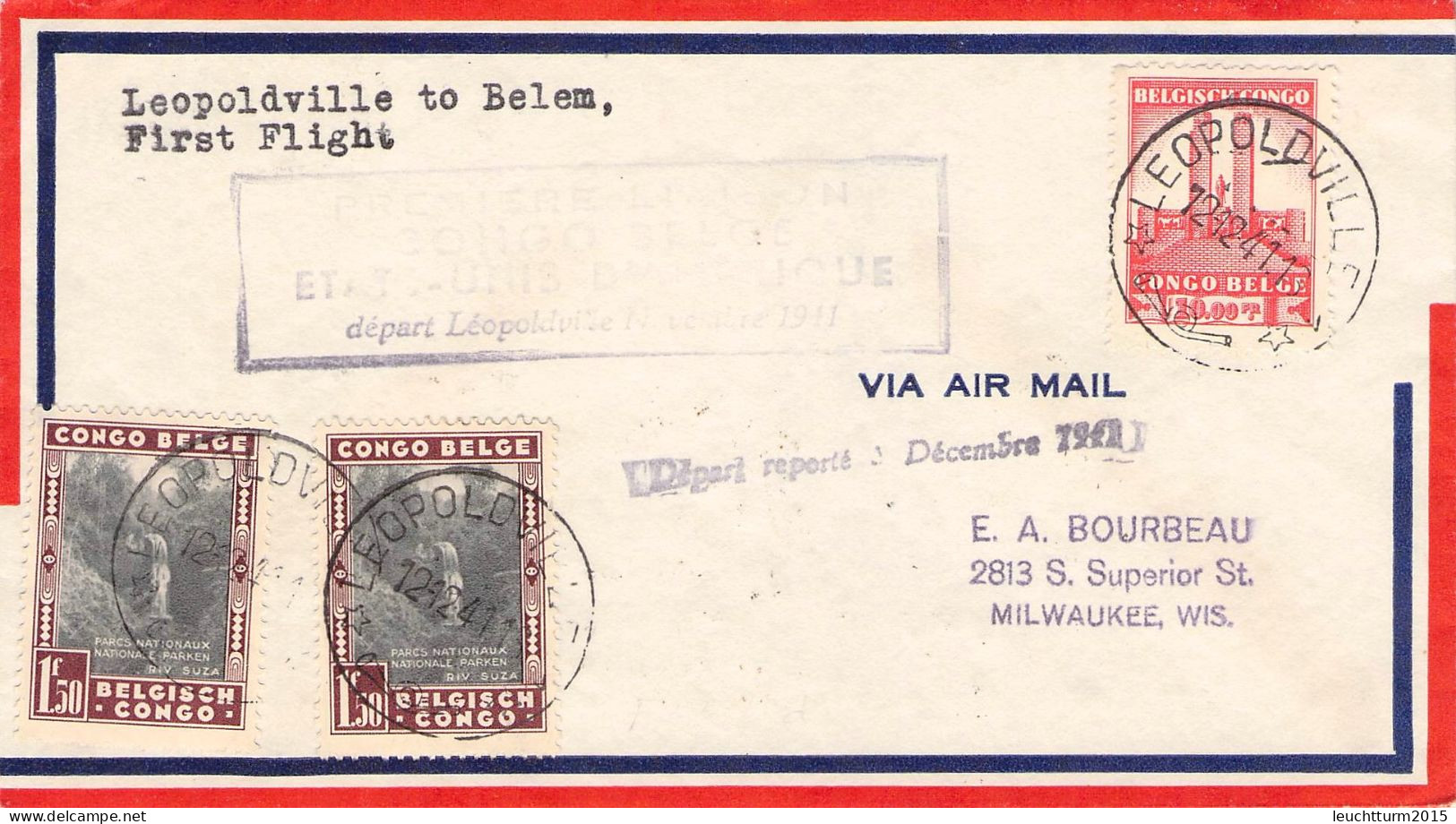BELG. CONGO - FIRST FLIGHT 1941 LEOPOLDVILLE > BELEM/BR /YZ348 - Lettres & Documents