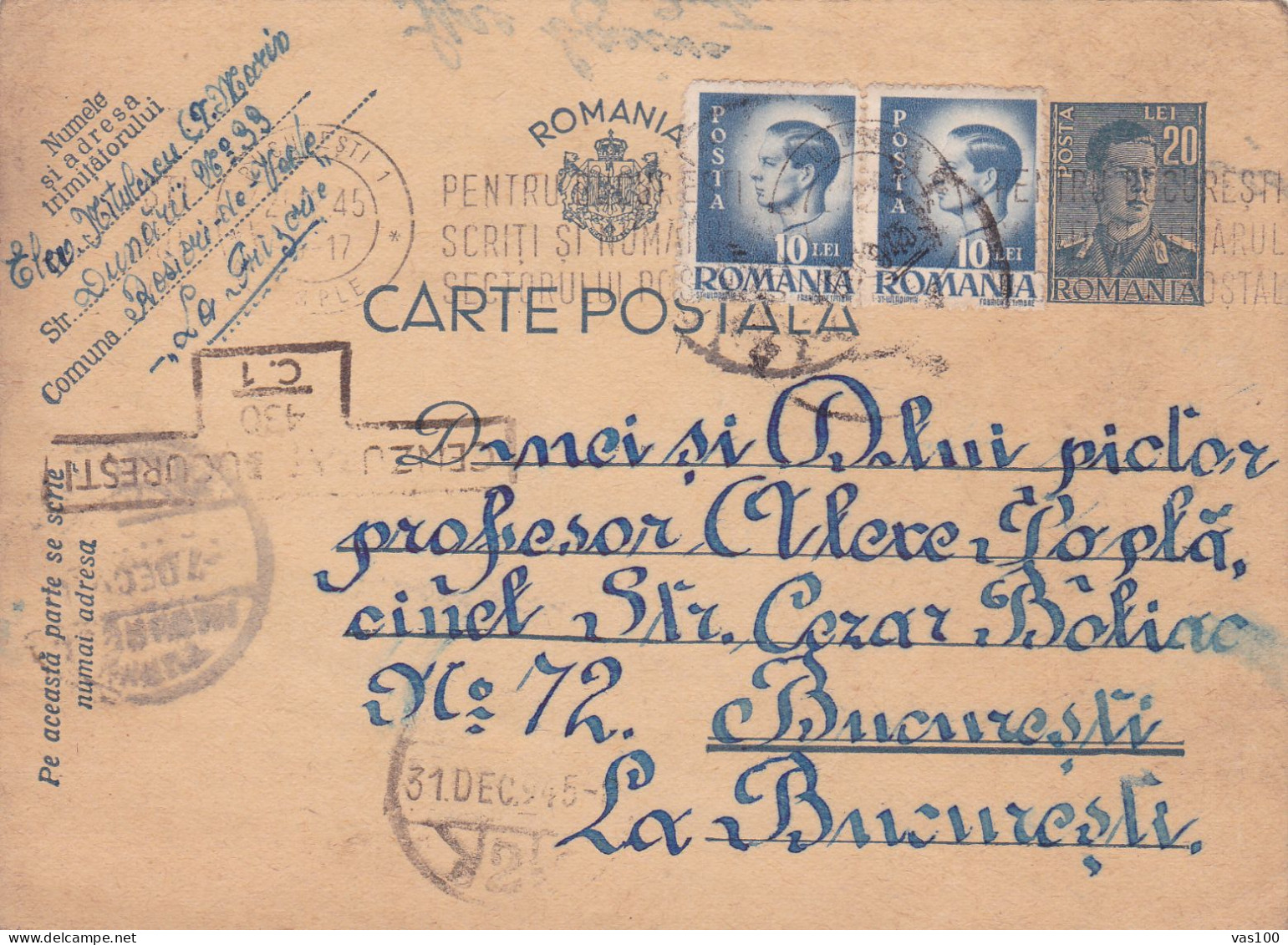 Romania, 1945, WWII Military Censored CENSOR ,POSTCARD STATIONERY, TO BUCHAREST. - World War 2 Letters