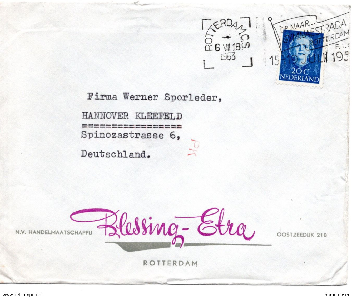 66052 - Niederlande - 1954 - 20c Wilhelmina EF A Bf ROTTERDAM - ... -> Westdeutschland, M Transorma-Codierung "PK" - Cartas & Documentos