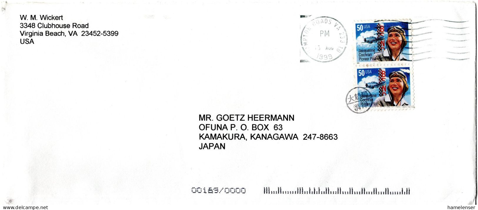 L66110 - USA - 1999 - 2@50¢ Flugzeug A LpBf HAMPTON ROADS VA -> OFUNA (Japan), M "nachtraeglich Entwertet" Stpl - Lettres & Documents