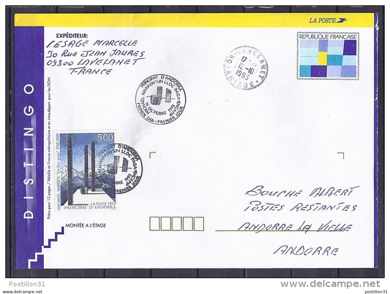 ANDORRE N° 439 (TAXE DE POSTE RESTANTE) SUR L. DISTINGO DE FRANCE Du 12.10.93 - Covers & Documents