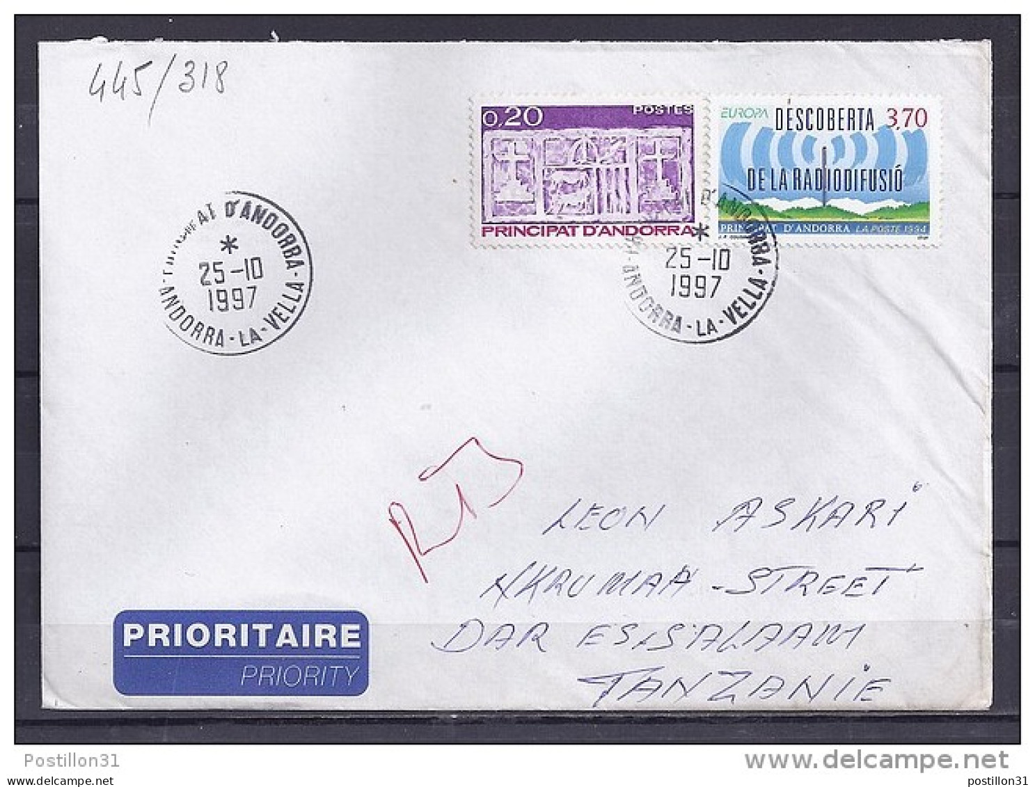 ANDORRE TP N°445+318 SUR LETTRE DU 25.10.97 POUR LA TANZANIE - Briefe U. Dokumente