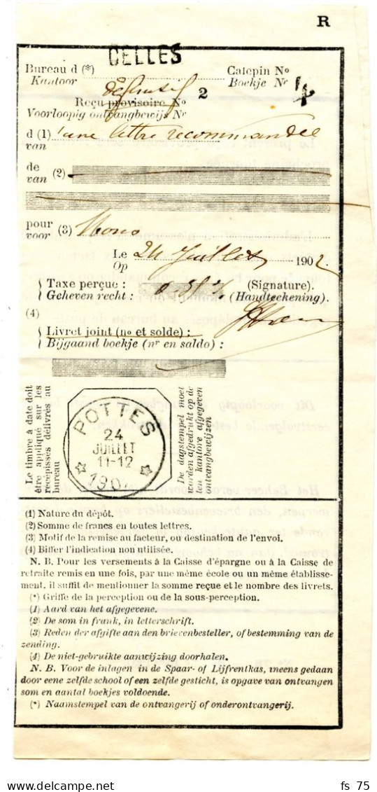 BELGIQUE - SIMPLE CERCLE RELAIS A ETOILES POTTES SUR RECU DE LETTRE RECOMMANDEE, 1902 - Postmarks With Stars