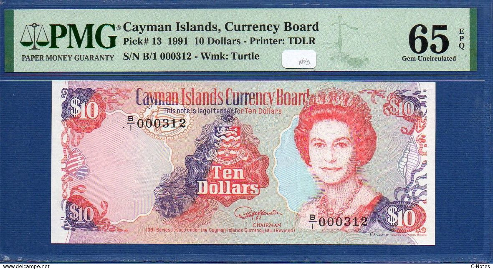 CAYMAN ISLANDS - P.13 –  10 Dollars 1991 UNC / PMG 65, S/n B/1 000312 LOW SERIAL NUMBER - Iles Cayman