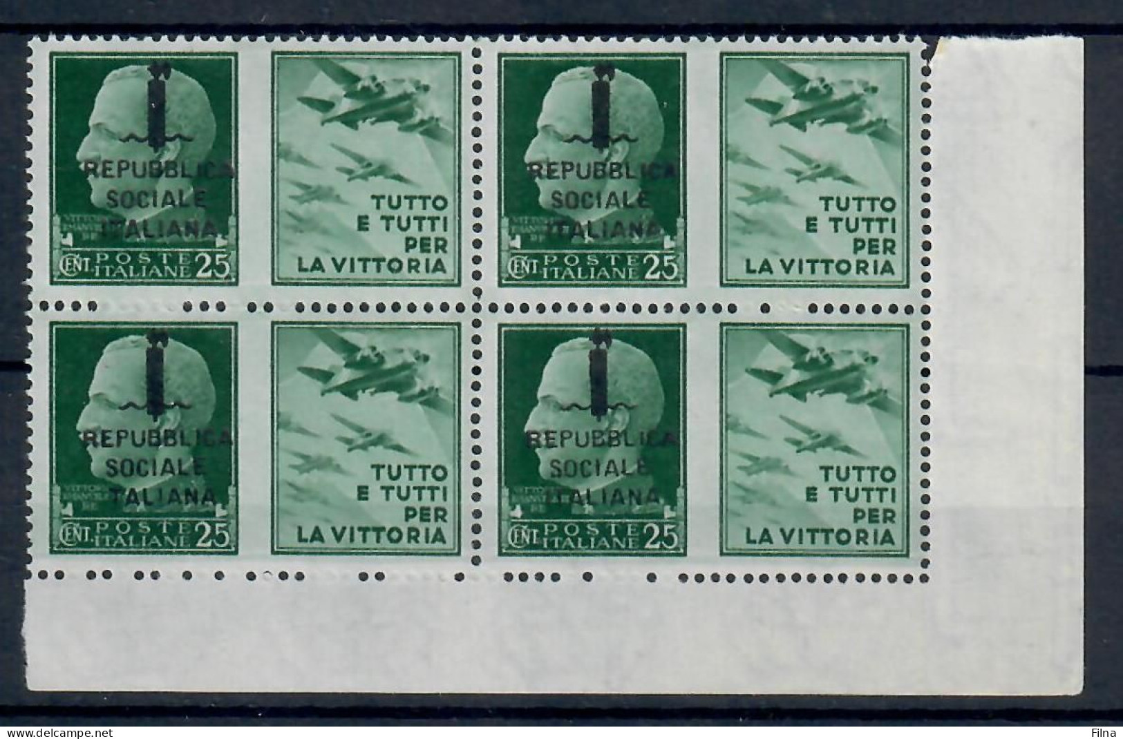 REPUBBLICA SOCIALE ITALIANA 1944 QUARTINA 25 C. VERDE  CON UN VALORE CON VARIETA' "TALIANA" INVECE DI "ITALIANA"  MNH/** - Kriegspropaganda