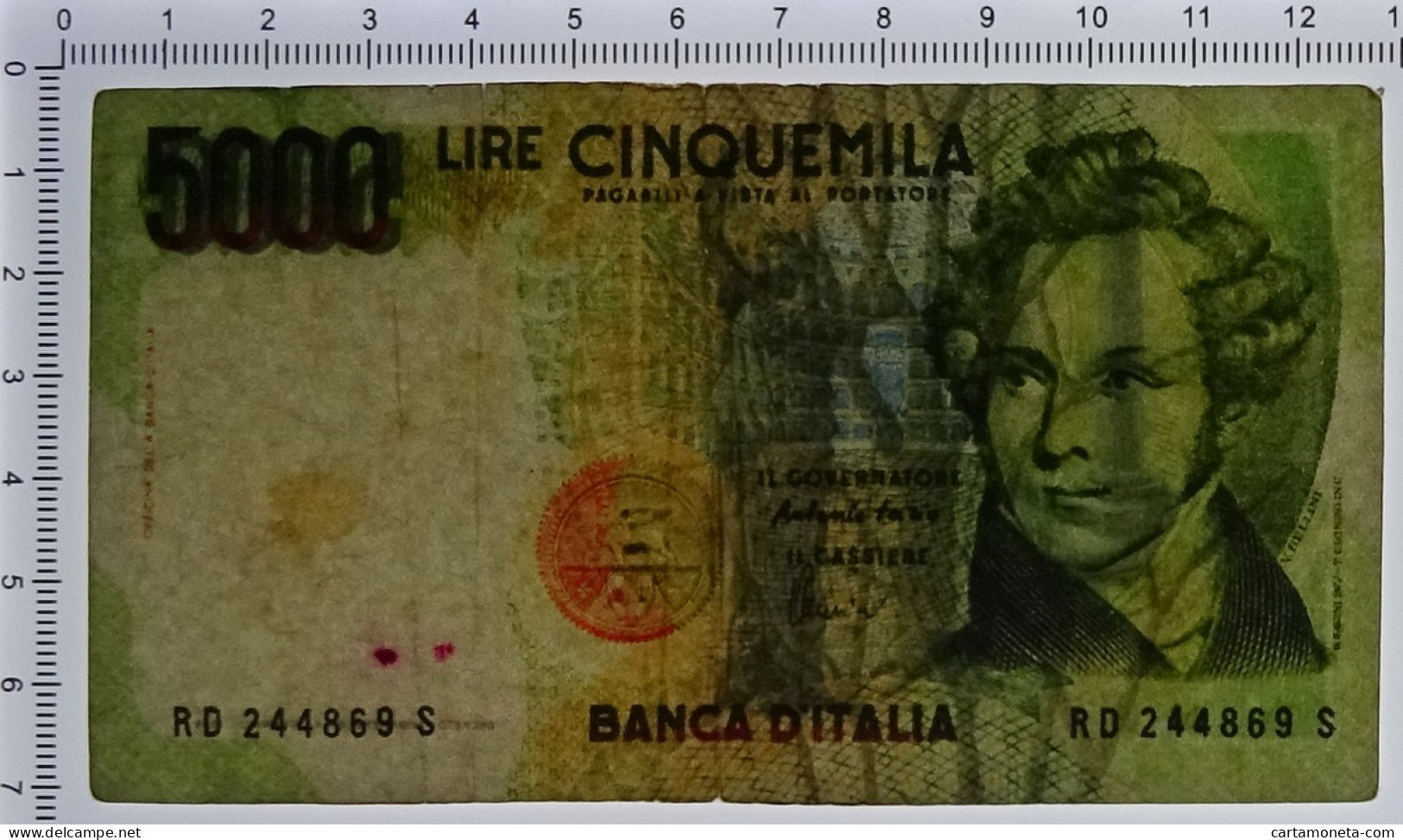 5000 LIRE FALSO D'EPOCA BANCA D'ITALIA VINCENZO BELLINI LETTERA D 26/11/1996 BB- - [ 8] Fakes & Specimens